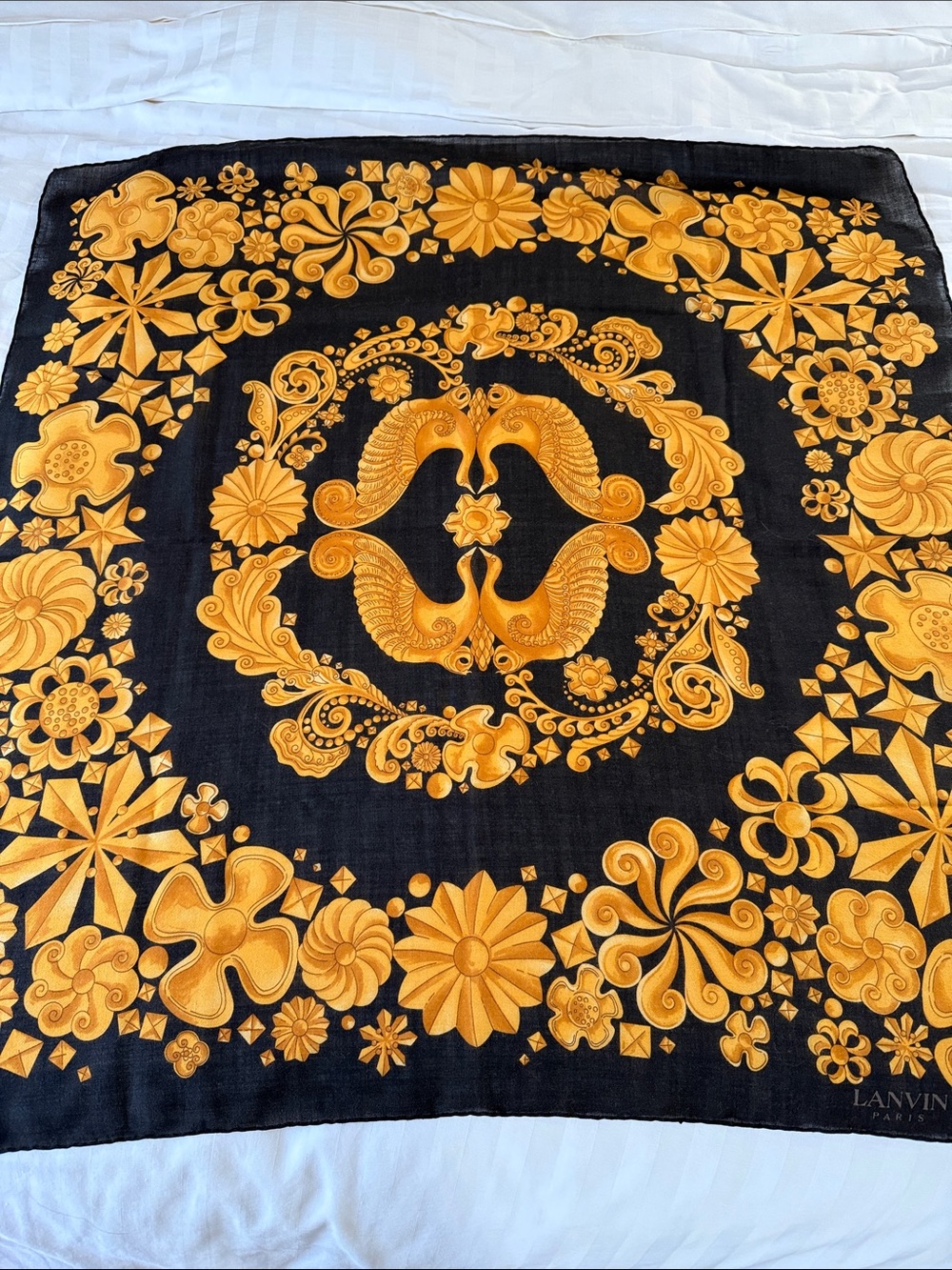 Lanvin Black and Gold Ornamental Bird Wool & Silk Scarf